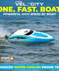 Velocity Blue RC Boat speeding on water, showcasing advanced water-cooling engine tech. For pools and lakes use.