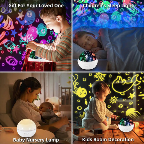 Ocean And Star Night Light Projector For Kids Room projecting stars and ocean scenes, children enjoying soothing bedtime light.