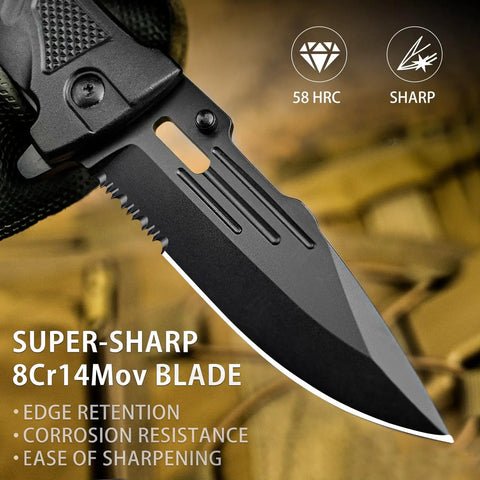 Close-up of the 8Cr14Mov serrated blade of the Pocket Folding Knife For Men 3 Point 9 Inch Survival Tool, emphasizing sharpness.