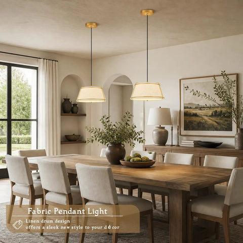 AyshwillDec 10" Modern Gold Linen Pendant Light Dining Room Bulb Included hanging over a wooden dining table with six chairs.