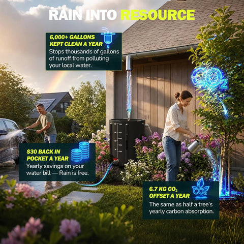 Man washing car and woman watering tree with 53 gallon collapsible rain barrel with spigot, showing water conservation benefits