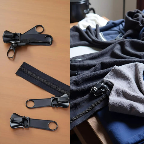 6Pcs Black Universal Instant Fix Zipper Repair Kit With Replacement Zip Sliders displayed on a table near clothing items