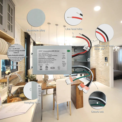 60W Triac Dimmable LED Driver For 12V DC Strip Lights, showing aluminum alloy case and wiring in a kitchen setting