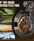 20" off-road motorcycle tire showcasing its versatility for rural, mountain, beach, and snow roads on a heavy duty 2500W peak power electric dirt bike.