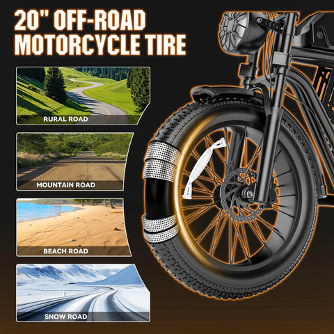 20" off-road motorcycle tire showcasing its versatility for rural, mountain, beach, and snow roads on a heavy duty 2500W peak power electric dirt bike.