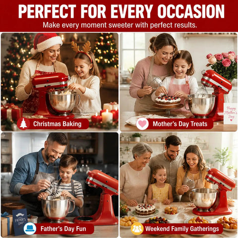 People using six-wire whisk attachment for tilt-head mixers for Christmas, Mother's Day, Father's Day, and family gatherings