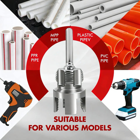 One Inch PVC Pipe Threader Kit With Internal And External Threading, Drill Compatible, shown with pipe models and drill