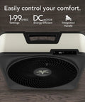 Top view of High Velocity Box Fan with Kick Stand, Digital Display, showing integrated handle and settings, Cool Gray.