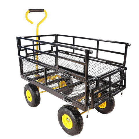 Four-Wheeled Trailer With Double-Deck Detachable Side For Farm And Warehouse Use Steel Heavy-Duty Cart In Yellow And Black