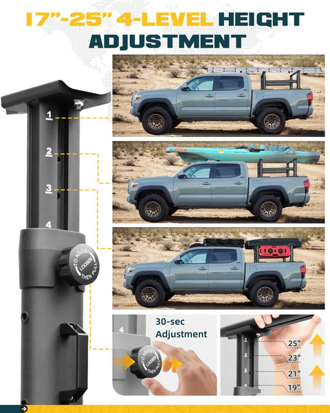 Ladder Rack With Side Bars For Trucks 800 Lb Capacity Fits Toyota Tacoma And Jeep Gladiator Heavy Duty Roof Mount Adjustable Height And Length Ideal For Tools And Gear, 17-25 in height adjustment