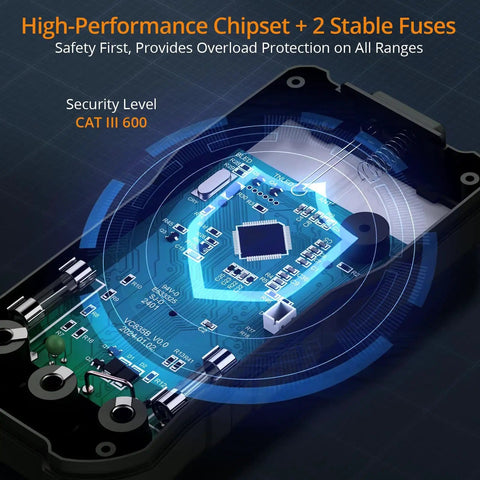 Internal view of 6000 Count Digital Multimeter With TRMS Auto Range And NCV, showing high-performance chipset and CAT III 600V safety.