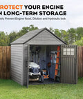 Shed storing lawn equipment and tools, promoting engine protection for long-term storage with prevention tips for engine issues.