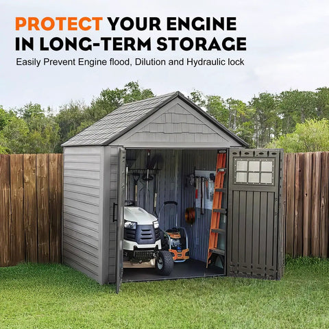 Shed storing lawn equipment and tools, promoting engine protection for long-term storage with prevention tips for engine issues.
