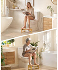 Two people using 7 inch Bamboo Toilet Stool for Adults, Foldable Squat Potty for Bathroom, 0.79 Inch Thick, Natural Color, Non Slip Grip