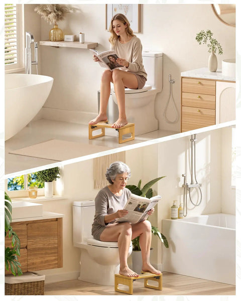 Two people using 7 inch Bamboo Toilet Stool for Adults, Foldable Squat Potty for Bathroom, 0.79 Inch Thick, Natural Color, Non Slip Grip