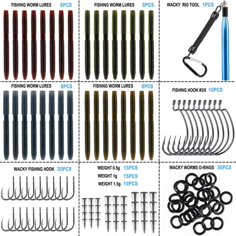 5.5 Inch Wacky Worm Lure Kit With 133Pcs Soft Plastic Lures, Grub Baits, Hooks, O Rings, Weights, Rig Tool And Tackle Box For Bass And Trout Fishing Today, assorted lures and fishing tools layout.