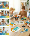 4-In-1 Engineering Kit For Kids Aged 8-12 Build A Mars Rover, A Fast Race Car, A Dope Soaring Glider, And A Paddle Boat; Learn Motor Dynamics And Mechanical Transmission Hands-On, The Ultimate Gift For Curious Builders, kids assembling STEM models on a table