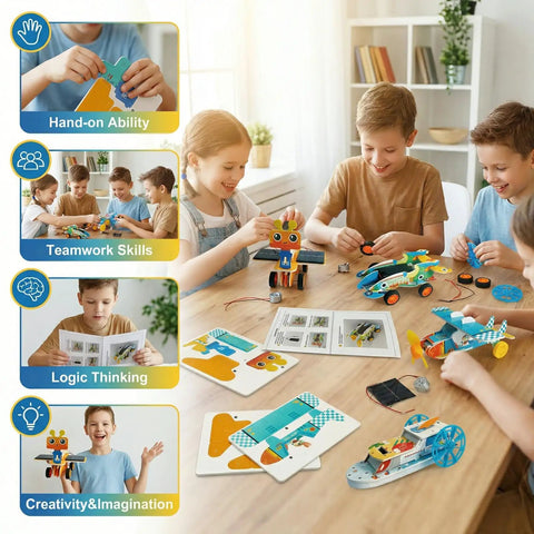 4-In-1 Engineering Kit For Kids Aged 8-12 Build A Mars Rover, A Fast Race Car, A Dope Soaring Glider, And A Paddle Boat; Learn Motor Dynamics And Mechanical Transmission Hands-On, The Ultimate Gift For Curious Builders, kids assembling STEM models on a table