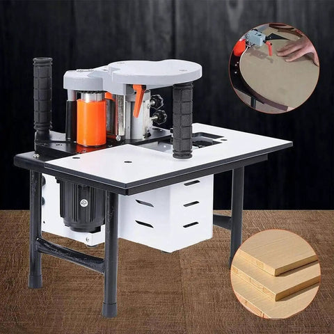 Portable Edge Bander For Woodworking on a table shows adjustable speed control and double sided gluing in woodworking projects.