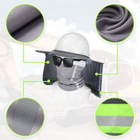 Two Piece Hard Hat Sun Shade With Full Brim Visor And Mesh Neck Gaiter High Visibility Reflective Bandana Face Scarf For Construction Helmets Grey On Job Sites