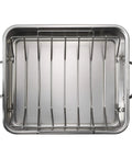 Deep Stainless Steel Roasting Pan With Basting Grill And V Rack For Oven 16.5 Inch Turkey Roaster Dishwasher Safe Made In Brazil Heavy Gauge 18 10 Steel For Even Heat And A Real Kitchen Workhorse, top view.