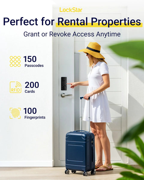 Woman using Keyless Entry Smart Door Lock With App Access, Fingerprint Touch ID, Keypad Code, Card FOB And Traditional Key