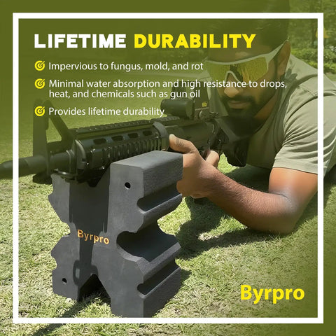 Man using X Block Shooting Rest For Rifles, Ultra Lightweight Portable Bench Block with Recoil Reduction, on grass