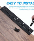 Tough As Nails 36 Inch Continuous Piano Hinge With Mounting Screws 1.5 Inch Open Width Black Coated Steel being installed with screws.