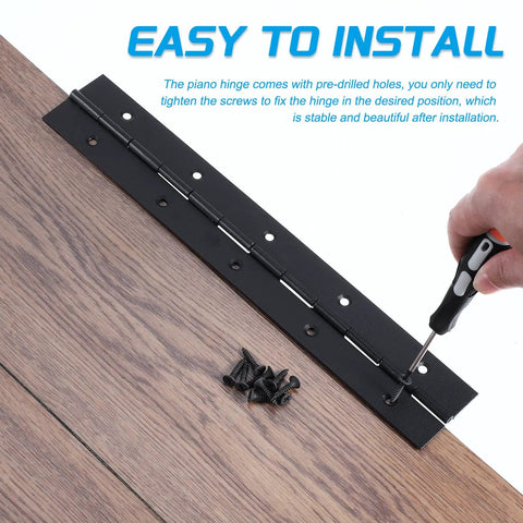 Tough As Nails 36 Inch Continuous Piano Hinge With Mounting Screws 1.5 Inch Open Width Black Coated Steel being installed with screws.