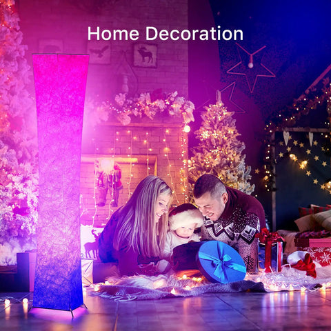 Slender 39 Inch Floor Lamp With Remote Control, RGB Color Changing LED Lights for vibe mood lighting next to a family decorating