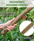 Close-up of ergonomic wooden handle of Dual Head Garden Pick Axe And Mattock Be A Heavy Duty Workhorse For Beating Up Heavy Clay Soil Digging Trenches Removing Stubborn Weeds And Loosening Soil With Stainless Steel Construction Sharp Pick Flat Blade And Wood Handle