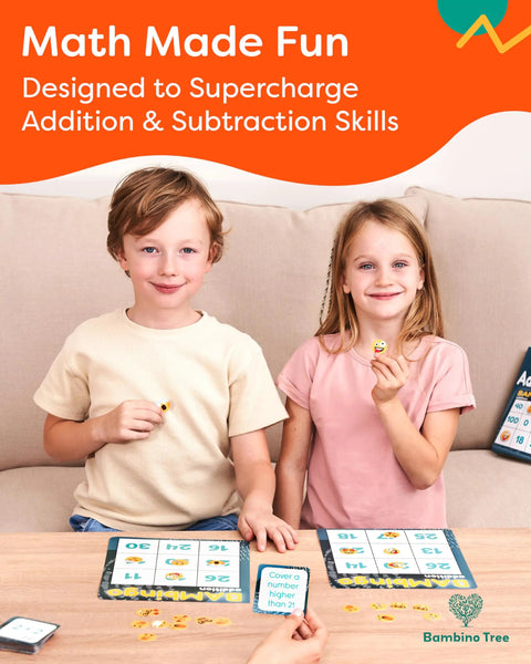 Two children playing Addition And Subtraction Math Bingo Game For 1st Through 3rd Grade Kids Classroom Or Homeschool Learning