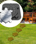 Turtle Shape Concrete Stepping Stone Molds for DIY Garden Paths and Patios shown with turtle stones on grass trail