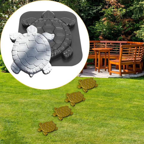 Turtle Shape Concrete Stepping Stone Molds for DIY Garden Paths and Patios shown with turtle stones on grass trail