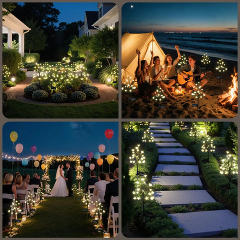 Pink Solar Flower Lights 48 LED Outdoor Garden Stakes 4 Pack IP65 Waterproof Decor highlighting wedding pathway at night