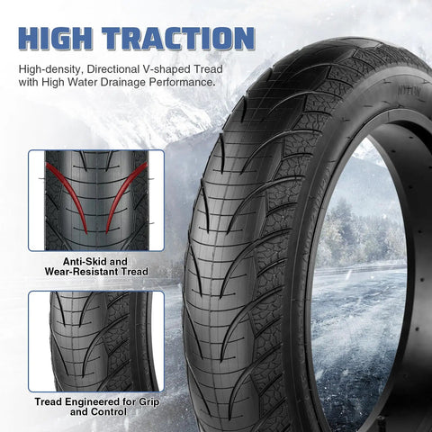 Close-up of Two Pack Fat Tire With Tube For Ebike Mountain Snow Bike, showcasing V-shaped wear-resistant tread for high traction.