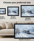 Impressionist Vintage Steam Train Canvas Print With Black Frame For Cozy Living Room Vibe And Office Wall Decor Snowy Winter Scene With Mist And Glowing Amber Light 16x20 Inch Poster Locomotive Art