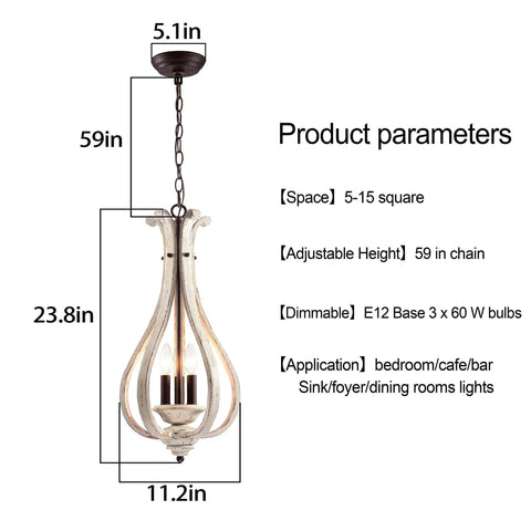 Three Light Rustic Farmhouse Chandelier With White Distressed Wood And Orb Matte Metal Finish Vintage Pendant Light diagram.