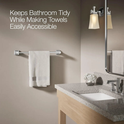 Riff 24 Inch Towel Bar Polished Chrome Built To Last Durable Zinc Construction Premium Metal Bath Hardware with towel in modern bathroom
