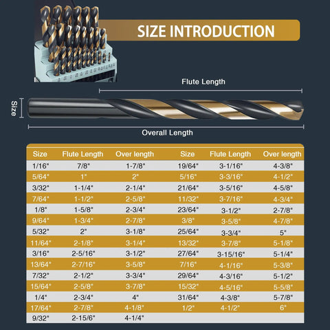 Kickass Heavy Duty Cobalt Drill Bit Set With 135 Degree Sharp Tips And Sleek Black Gold Finish showing size chart and dimensions for each bit.