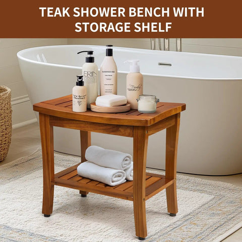 20 Inch Teak Shower Bench Waterproof Wooden Chair For Indoor Use With Shelf Non Slip Bath Stool For Bathroom Durable