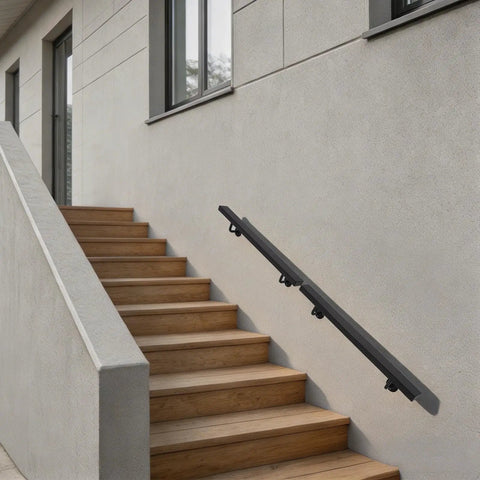Wall Mount Stair Handrail Built Different with Heavy Duty Stainless Steel Coating In Sleek Black Finish for Humidity Proof Reliability Up to 200 Lbs Capacity for Smooth Indoor Setup on wooden stairs.