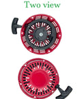 Two views of Replacement Pull Start Assembly For Honda GX120 GX160 GX200 Engines With 90 Degree Iron Rod Pawl Recoil Starter Part Number 28400