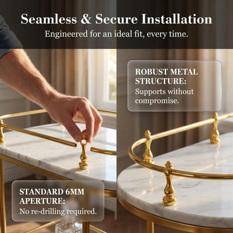 12 Pack Gold Shelf Rail Brackets for Cabinets and Bars, metal fitting onto marble surface, showing seamless 6mm hole install
