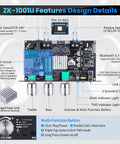 Diagram of Bluetooth 5.3 Mono Amplifier Board With TWS Boost For Home And Outdoor DIY Speaker Builds, 100W Output, Treble And Bass Control, USB Aux And Bluetooth Input, DC 9 To 24V Compatible, A Compact Mini Amp For Projects And Stereo Pairs, labeled features.