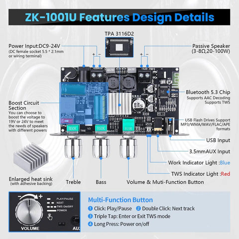 Diagram of Bluetooth 5.3 Mono Amplifier Board With TWS Boost For Home And Outdoor DIY Speaker Builds, 100W Output, Treble And Bass Control, USB Aux And Bluetooth Input, DC 9 To 24V Compatible, A Compact Mini Amp For Projects And Stereo Pairs, labeled features.