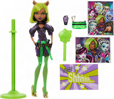 Clawdeen Wolf Dawn Of The Dance Reproduction Doll with purple dress, accessories, and stand for collectors, perfect for spooky vibes.
