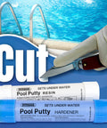 Pool Putty 2 Part Set for Easy DIY Pool and Spa Repairs with resin and hardener tubes, knife cutting putty for surface leaks.
