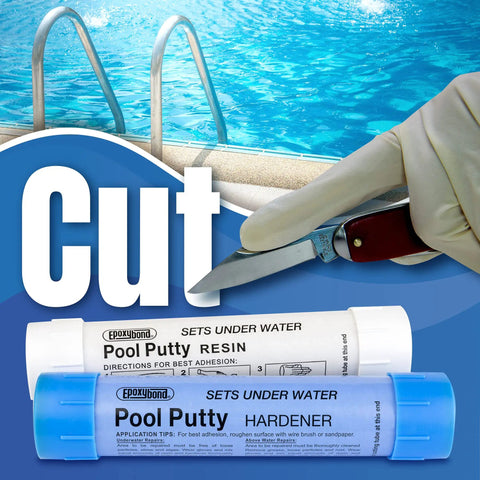 Pool Putty 2 Part Set for Easy DIY Pool and Spa Repairs with resin and hardener tubes, knife cutting putty for surface leaks.