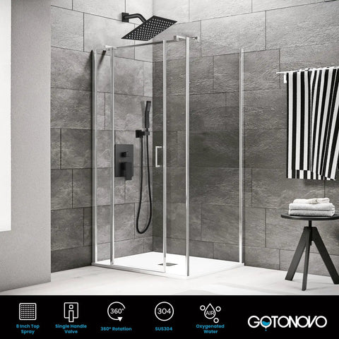 Rainfall Shower System With 8 Inch Square Rain Shower Head And Wall Mounted Handle Complete Matte Black Combo In Solid Brass Pressure Balancing Valve For A Premium Spa Like Shower Experience in modern bathroom